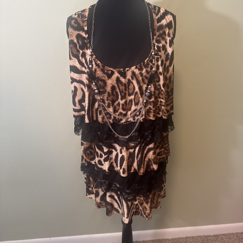 Annabelle Sleeveless Blouse Leopard Print Lace Layered W/Necklace Size 1X NEW